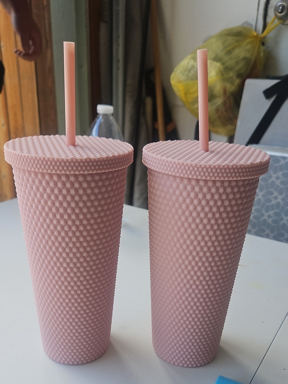 Textured Pink Studded Tumbler Cup with Straw - Set of 2
